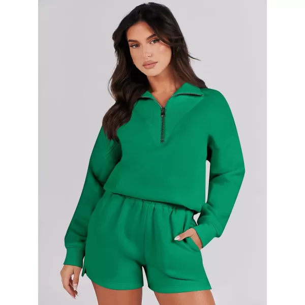 imageANRABESS Women 2 Piece Outfits Sweatsuit Oversized Half Zip Collared Sweatshirt Hoodies Short Set Lounge Tracksuit SetGrass