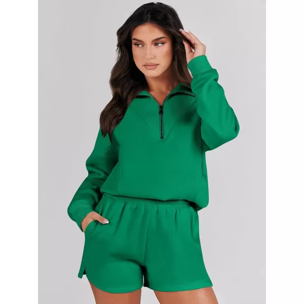 imageANRABESS Women 2 Piece Outfits Sweatsuit Oversized Half Zip Collared Sweatshirt Hoodies Short Set Lounge Tracksuit SetGrass