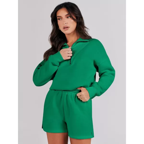 imageANRABESS Women 2 Piece Outfits Sweatsuit Oversized Half Zip Collared Sweatshirt Hoodies Short Set Lounge Tracksuit SetGrass