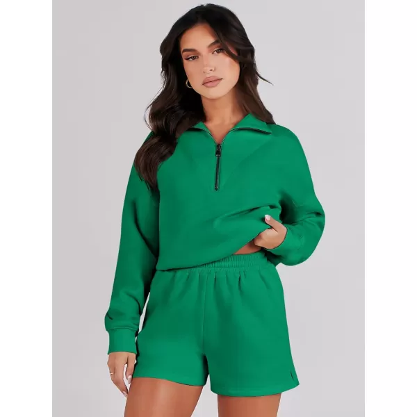 imageANRABESS Women 2 Piece Outfits Sweatsuit Oversized Half Zip Collared Sweatshirt Hoodies Short Set Lounge Tracksuit SetGrass