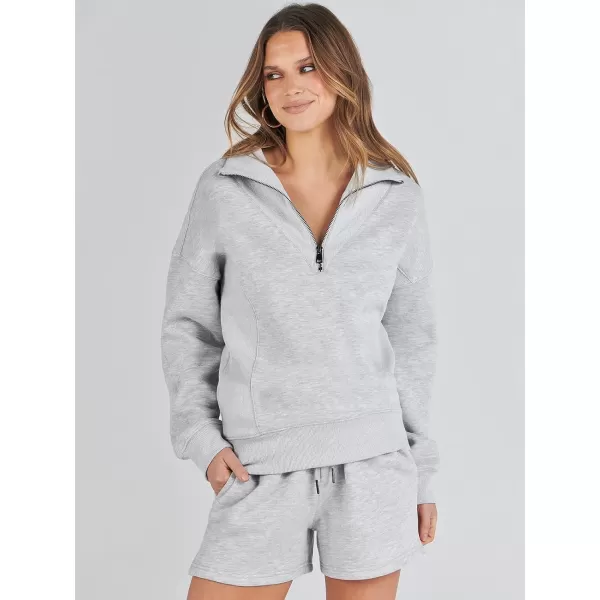 imageANRABESS Women 2 Piece Outfits Sweatsuit Oversized Half Zip Collared Sweatshirt Hoodies Short Set Lounge Tracksuit SetGrey