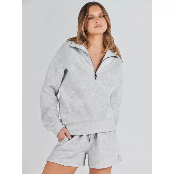 imageANRABESS Women 2 Piece Outfits Sweatsuit Oversized Half Zip Collared Sweatshirt Hoodies Short Set Lounge Tracksuit SetGrey