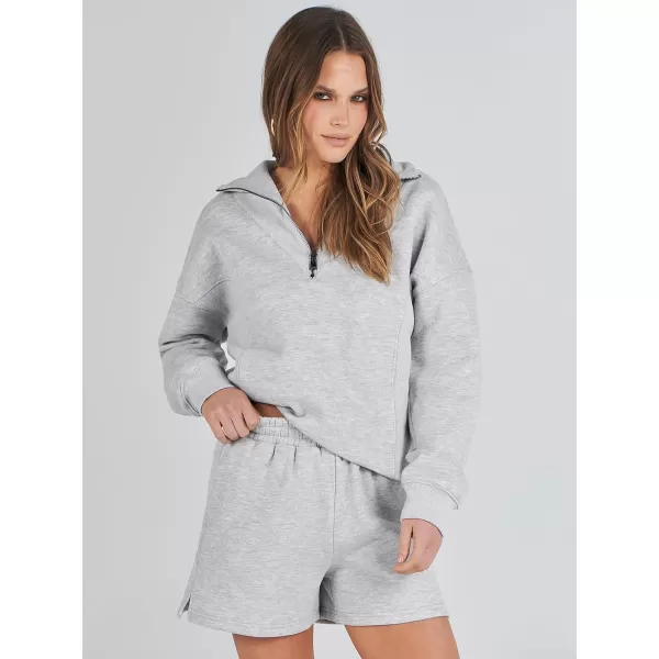 imageANRABESS Women 2 Piece Outfits Sweatsuit Oversized Half Zip Collared Sweatshirt Hoodies Short Set Lounge Tracksuit SetGrey