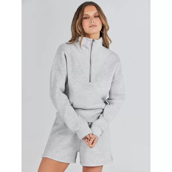 imageANRABESS Women 2 Piece Outfits Sweatsuit Oversized Half Zip Collared Sweatshirt Hoodies Short Set Lounge Tracksuit SetGrey