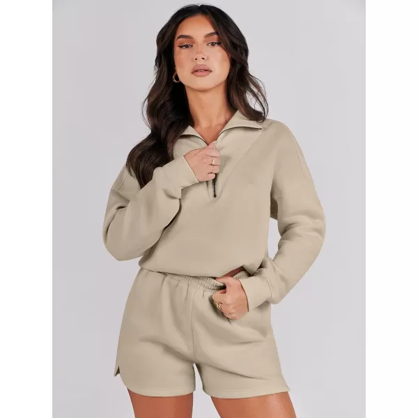 imageANRABESS Women 2 Piece Outfits Sweatsuit Oversized Half Zip Collared Sweatshirt Hoodies Short Set Lounge Tracksuit SetKhaki