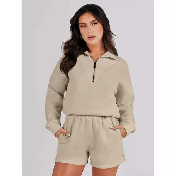 imageANRABESS Women 2 Piece Outfits Sweatsuit Oversized Half Zip Collared Sweatshirt Hoodies Short Set Lounge Tracksuit SetKhaki