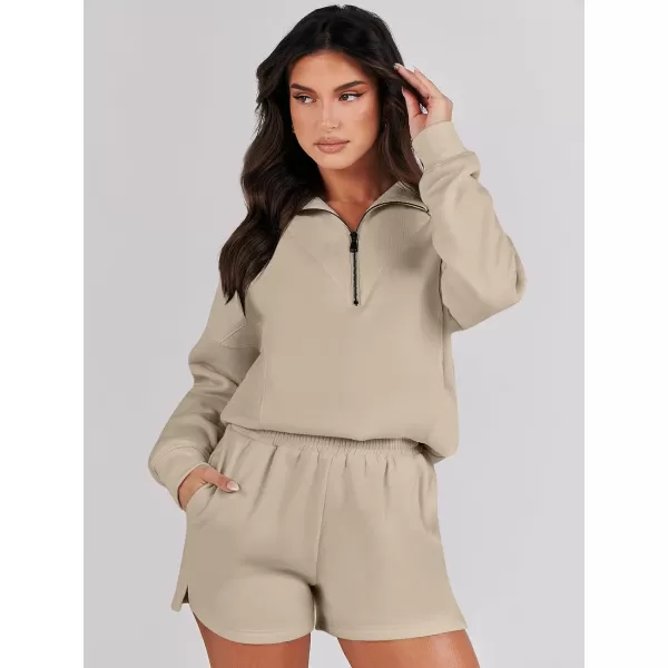 imageANRABESS Women 2 Piece Outfits Sweatsuit Oversized Half Zip Collared Sweatshirt Hoodies Short Set Lounge Tracksuit SetKhaki