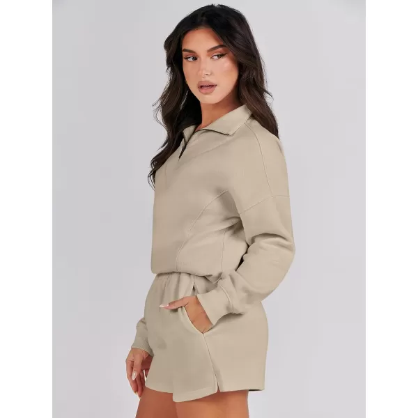 imageANRABESS Women 2 Piece Outfits Sweatsuit Oversized Half Zip Collared Sweatshirt Hoodies Short Set Lounge Tracksuit SetKhaki