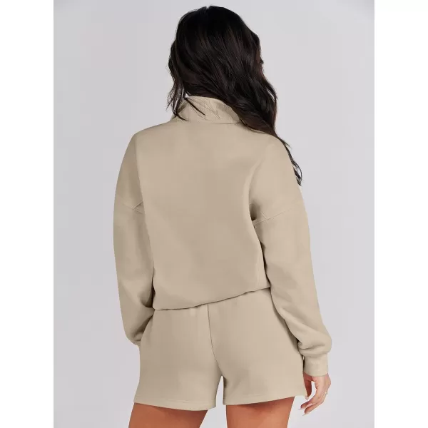 imageANRABESS Women 2 Piece Outfits Sweatsuit Oversized Half Zip Collared Sweatshirt Hoodies Short Set Lounge Tracksuit SetKhaki