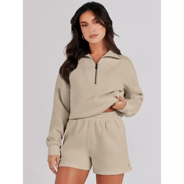 imageANRABESS Women 2 Piece Outfits Sweatsuit Oversized Half Zip Collared Sweatshirt Hoodies Short Set Lounge Tracksuit SetKhaki