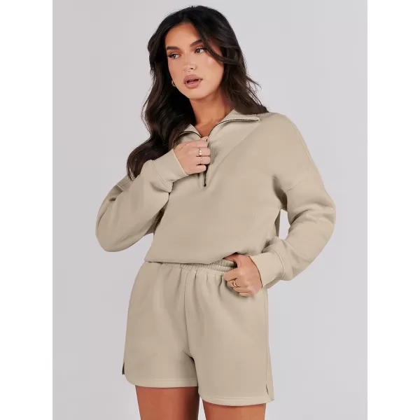 imageANRABESS Women 2 Piece Outfits Sweatsuit Oversized Half Zip Collared Sweatshirt Hoodies Short Set Lounge Tracksuit SetKhaki