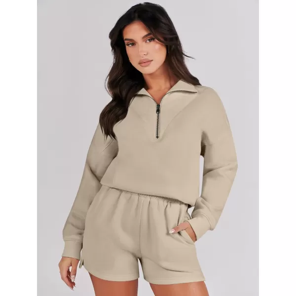 imageANRABESS Women 2 Piece Outfits Sweatsuit Oversized Half Zip Collared Sweatshirt Hoodies Short Set Lounge Tracksuit SetKhaki