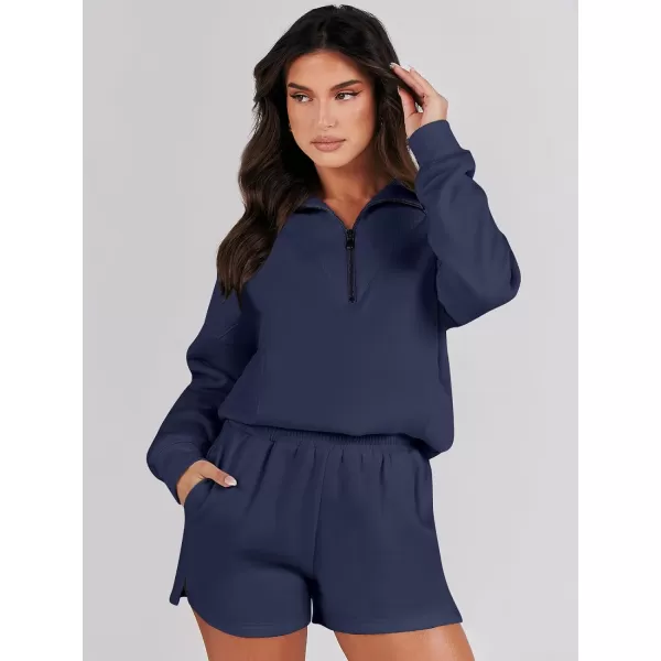imageANRABESS Women 2 Piece Outfits Sweatsuit Oversized Half Zip Collared Sweatshirt Hoodies Short Set Lounge Tracksuit SetNavy Blue