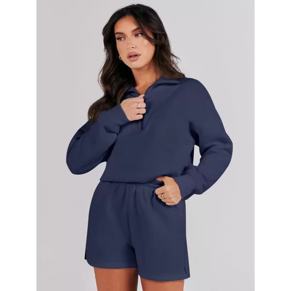imageANRABESS Women 2 Piece Outfits Sweatsuit Oversized Half Zip Collared Sweatshirt Hoodies Short Set Lounge Tracksuit SetNavy Blue