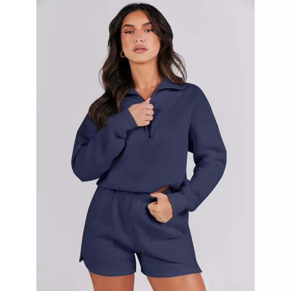 imageANRABESS Women 2 Piece Outfits Sweatsuit Oversized Half Zip Collared Sweatshirt Hoodies Short Set Lounge Tracksuit SetNavy Blue