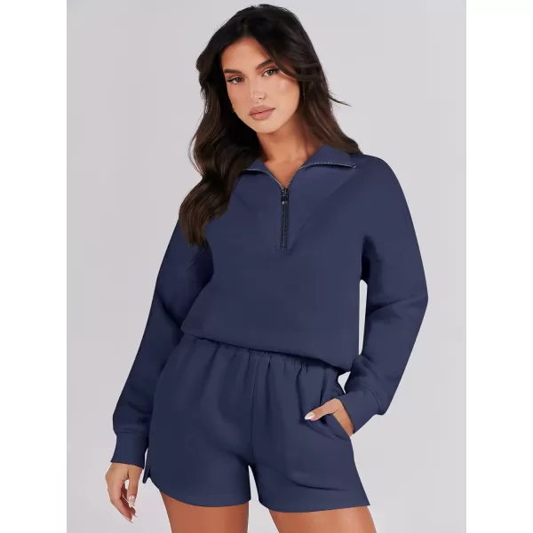 imageANRABESS Women 2 Piece Outfits Sweatsuit Oversized Half Zip Collared Sweatshirt Hoodies Short Set Lounge Tracksuit SetNavy Blue