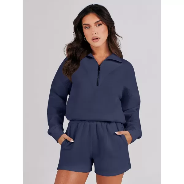 imageANRABESS Women 2 Piece Outfits Sweatsuit Oversized Half Zip Collared Sweatshirt Hoodies Short Set Lounge Tracksuit SetNavy Blue