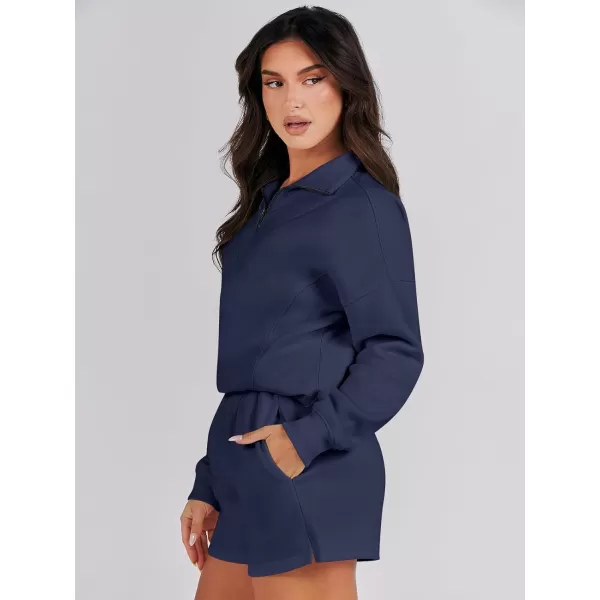imageANRABESS Women 2 Piece Outfits Sweatsuit Oversized Half Zip Collared Sweatshirt Hoodies Short Set Lounge Tracksuit SetNavy Blue