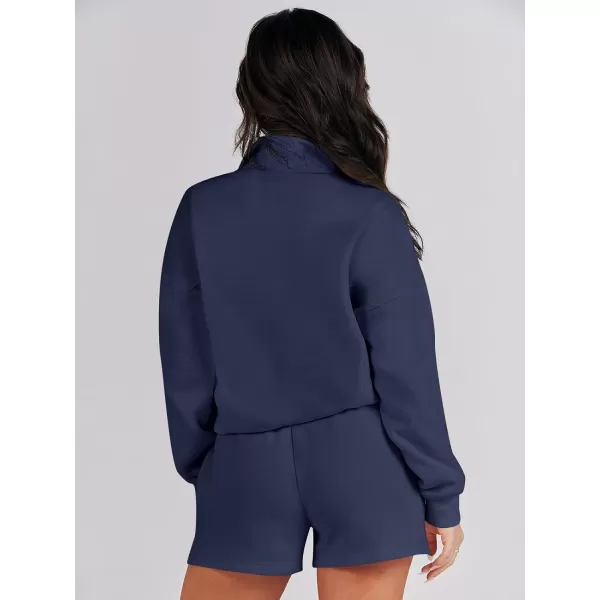 imageANRABESS Women 2 Piece Outfits Sweatsuit Oversized Half Zip Collared Sweatshirt Hoodies Short Set Lounge Tracksuit SetNavy Blue