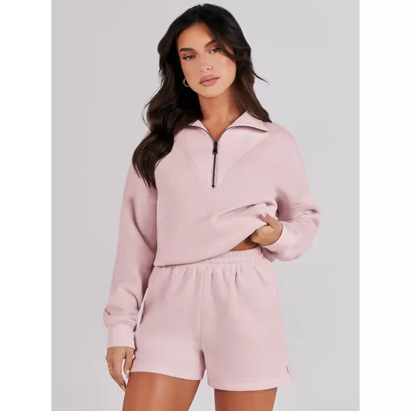imageANRABESS Women 2 Piece Outfits Sweatsuit Oversized Half Zip Collared Sweatshirt Hoodies Short Set Lounge Tracksuit SetPink
