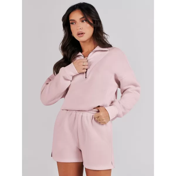imageANRABESS Women 2 Piece Outfits Sweatsuit Oversized Half Zip Collared Sweatshirt Hoodies Short Set Lounge Tracksuit SetPink