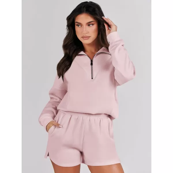 imageANRABESS Women 2 Piece Outfits Sweatsuit Oversized Half Zip Collared Sweatshirt Hoodies Short Set Lounge Tracksuit SetPink