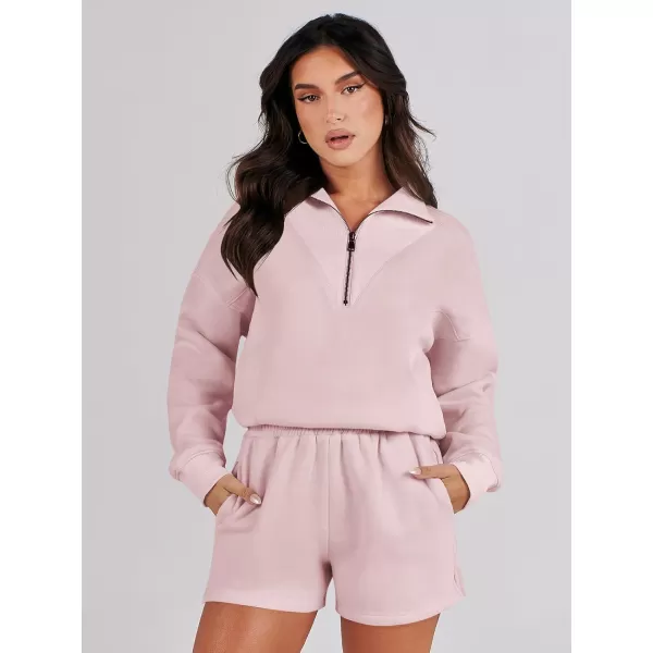 imageANRABESS Women 2 Piece Outfits Sweatsuit Oversized Half Zip Collared Sweatshirt Hoodies Short Set Lounge Tracksuit SetPink