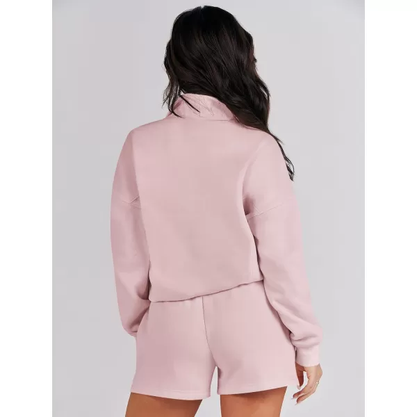 imageANRABESS Women 2 Piece Outfits Sweatsuit Oversized Half Zip Collared Sweatshirt Hoodies Short Set Lounge Tracksuit SetPink