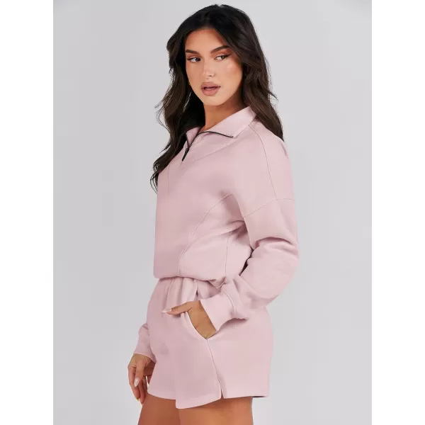 imageANRABESS Women 2 Piece Outfits Sweatsuit Oversized Half Zip Collared Sweatshirt Hoodies Short Set Lounge Tracksuit SetPink