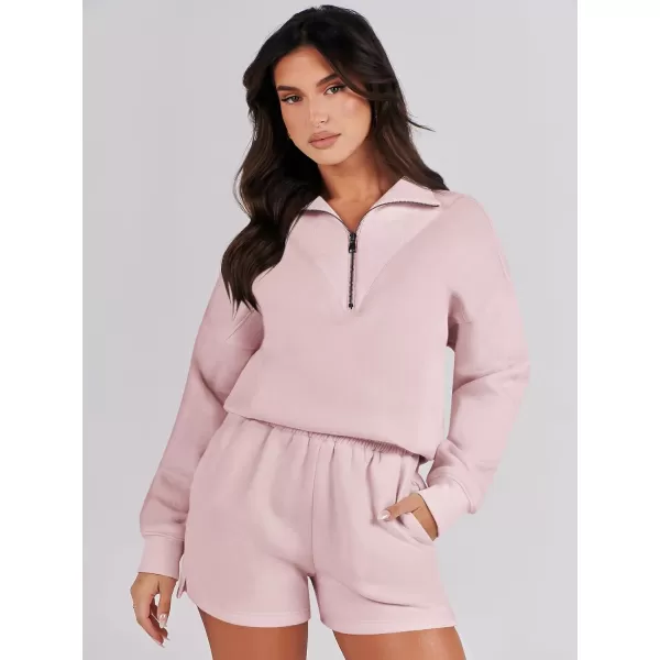 imageANRABESS Women 2 Piece Outfits Sweatsuit Oversized Half Zip Collared Sweatshirt Hoodies Short Set Lounge Tracksuit SetPink