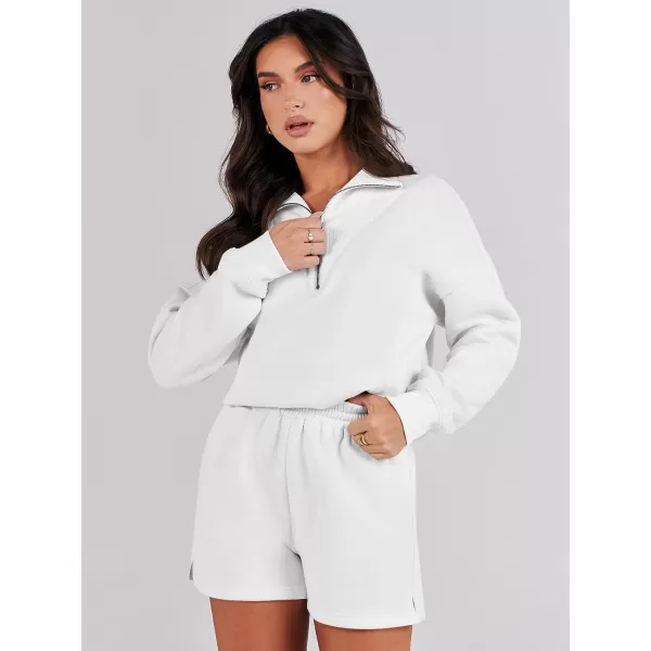 imageANRABESS Women 2 Piece Outfits Sweatsuit Oversized Half Zip Collared Sweatshirt Hoodies Short Set Lounge Tracksuit SetWhite