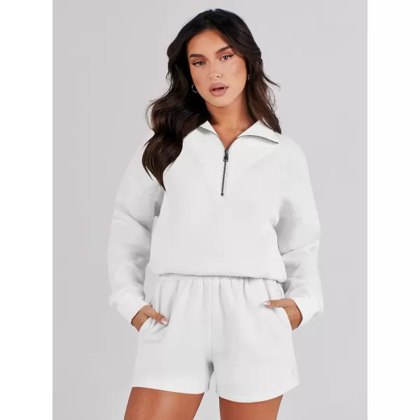 imageANRABESS Women 2 Piece Outfits Sweatsuit Oversized Half Zip Collared Sweatshirt Hoodies Short Set Lounge Tracksuit SetWhite