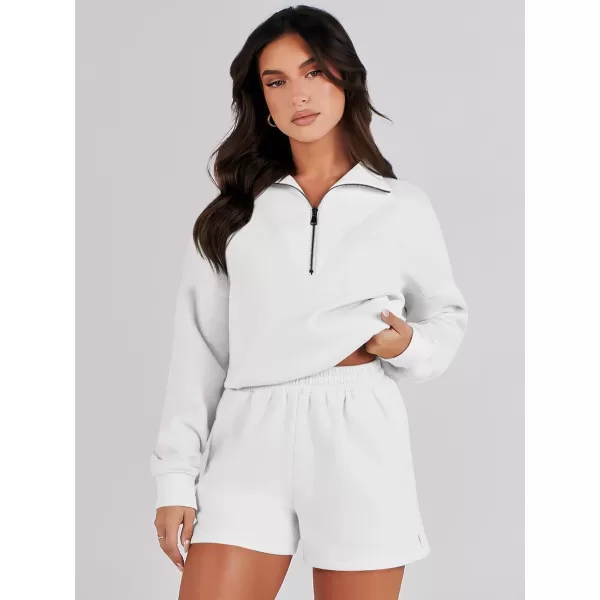 imageANRABESS Women 2 Piece Outfits Sweatsuit Oversized Half Zip Collared Sweatshirt Hoodies Short Set Lounge Tracksuit SetWhite