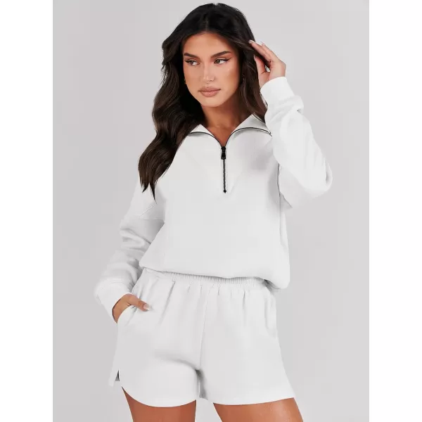 imageANRABESS Women 2 Piece Outfits Sweatsuit Oversized Half Zip Collared Sweatshirt Hoodies Short Set Lounge Tracksuit SetWhite