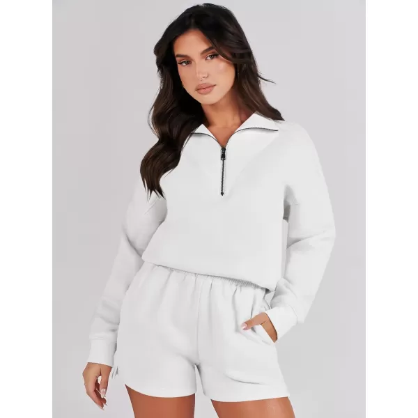 imageANRABESS Women 2 Piece Outfits Sweatsuit Oversized Half Zip Collared Sweatshirt Hoodies Short Set Lounge Tracksuit SetWhite