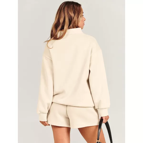 imageANRABESS Women 2 Piece Outfits Sweatsuit Oversized Half Zip Collared Sweatshirt amp Short Set Lounge Wear Tacksuit SetBeige