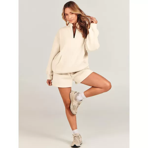 imageANRABESS Women 2 Piece Outfits Sweatsuit Oversized Half Zip Collared Sweatshirt amp Short Set Lounge Wear Tacksuit SetBeige