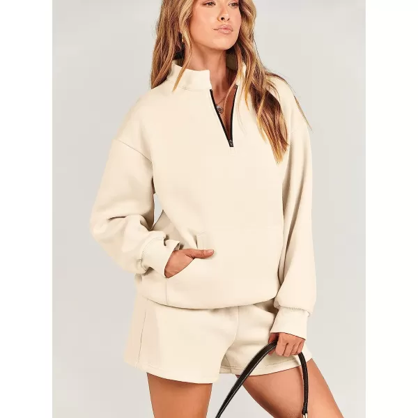 imageANRABESS Women 2 Piece Outfits Sweatsuit Oversized Half Zip Collared Sweatshirt amp Short Set Lounge Wear Tacksuit SetBeige