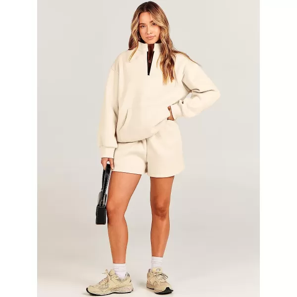 imageANRABESS Women 2 Piece Outfits Sweatsuit Oversized Half Zip Collared Sweatshirt amp Short Set Lounge Wear Tacksuit SetBeige