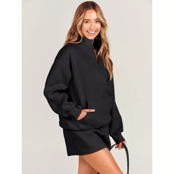 imageANRABESS Women 2 Piece Outfits Sweatsuit Oversized Half Zip Collared Sweatshirt amp Short Set Lounge Wear Tacksuit SetBlack