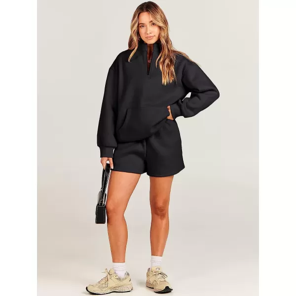 imageANRABESS Women 2 Piece Outfits Sweatsuit Oversized Half Zip Collared Sweatshirt amp Short Set Lounge Wear Tacksuit SetBlack