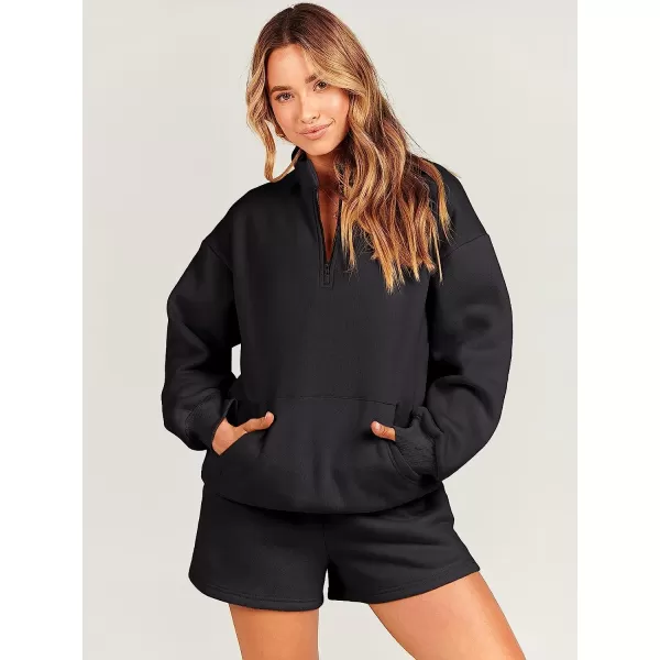 imageANRABESS Women 2 Piece Outfits Sweatsuit Oversized Half Zip Collared Sweatshirt amp Short Set Lounge Wear Tacksuit SetBlack