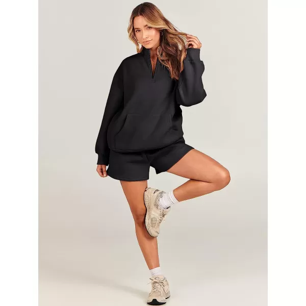 imageANRABESS Women 2 Piece Outfits Sweatsuit Oversized Half Zip Collared Sweatshirt amp Short Set Lounge Wear Tacksuit SetBlack