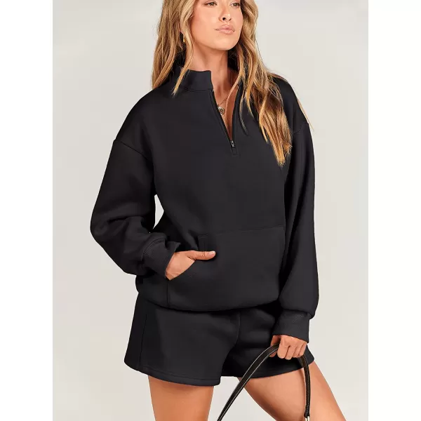 imageANRABESS Women 2 Piece Outfits Sweatsuit Oversized Half Zip Collared Sweatshirt amp Short Set Lounge Wear Tacksuit SetBlack