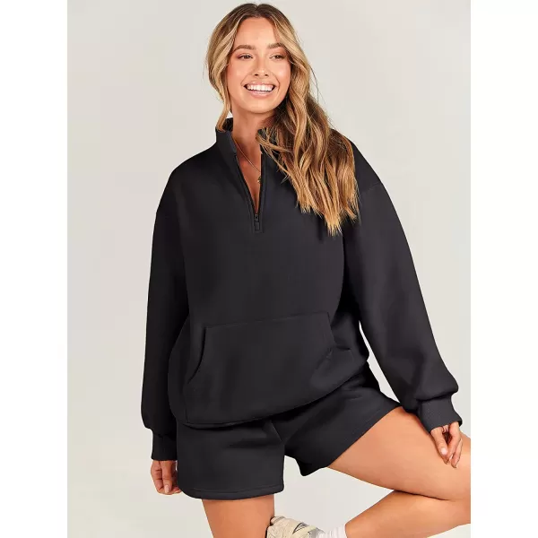 imageANRABESS Women 2 Piece Outfits Sweatsuit Oversized Half Zip Collared Sweatshirt amp Short Set Lounge Wear Tacksuit SetBlack