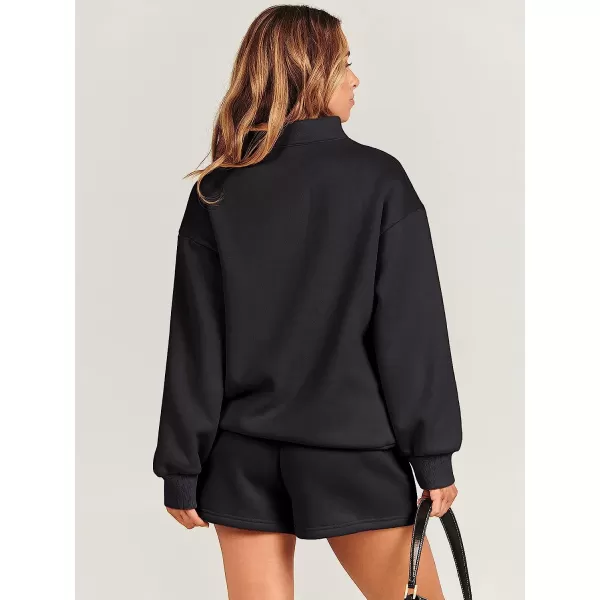 imageANRABESS Women 2 Piece Outfits Sweatsuit Oversized Half Zip Collared Sweatshirt amp Short Set Lounge Wear Tacksuit SetBlack