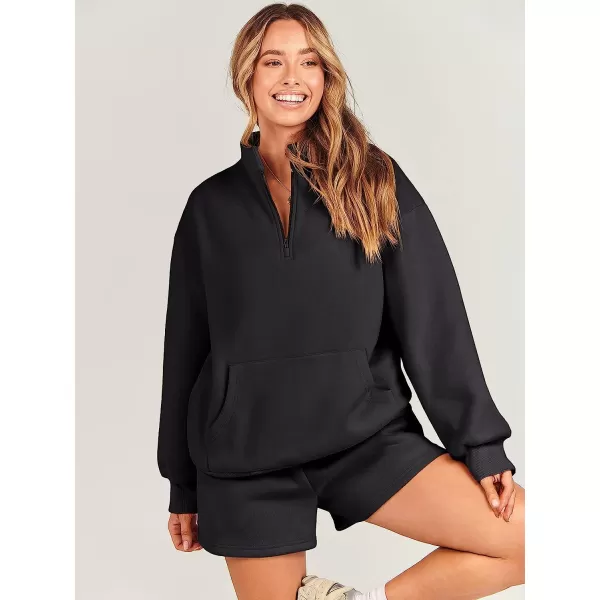 imageANRABESS Women 2 Piece Outfits Sweatsuit Oversized Half Zip Collared Sweatshirt amp Short Set Lounge Wear Tacksuit SetBlack