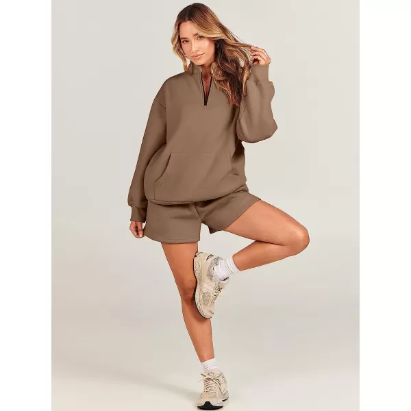 imageANRABESS Women 2 Piece Outfits Sweatsuit Oversized Half Zip Collared Sweatshirt amp Short Set Lounge Wear Tacksuit SetBrown