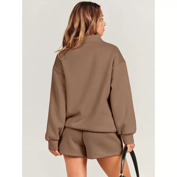 imageANRABESS Women 2 Piece Outfits Sweatsuit Oversized Half Zip Collared Sweatshirt amp Short Set Lounge Wear Tacksuit SetBrown