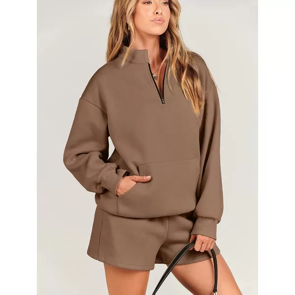 imageANRABESS Women 2 Piece Outfits Sweatsuit Oversized Half Zip Collared Sweatshirt amp Short Set Lounge Wear Tacksuit SetBrown